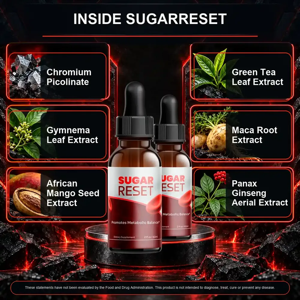 Brand graphic titled Inside Sugarreset naming chromium picolinate, gymnema, African mango, green tea, maca and Panax ginseng