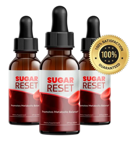 Three Sugarreset bottles with a gold 100 percent satisfaction guaranteed seal