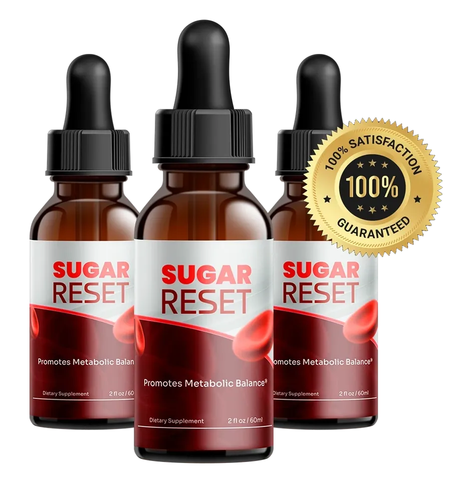 Three bottles of Sugarreset liquid drops with a satisfaction guarantee seal