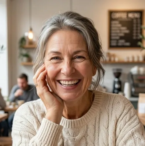 Smiling older woman in a cream sweater sitting in a cafe