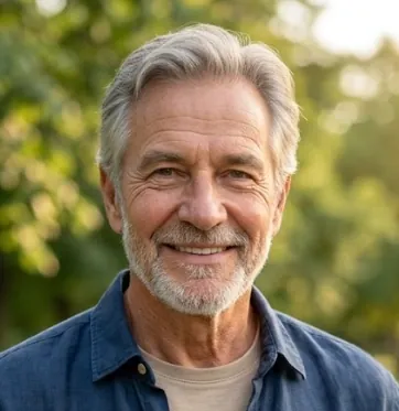 Older man with a grey beard smiling outdoors