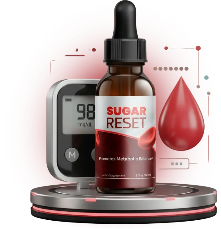 Sugarreset dropper bottle on a display stand next to a glucose meter and a red drop graphic