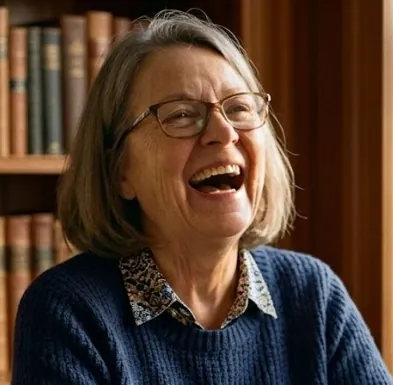 Laughing woman with glasses in a book-lined room