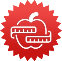 Red badge with an apple and a tape measure