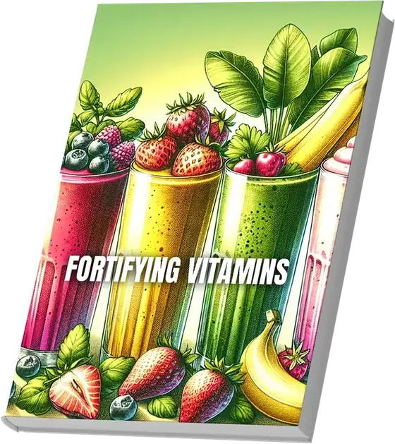 Cover of the Fortifying Vitamins e-book with fruit smoothies