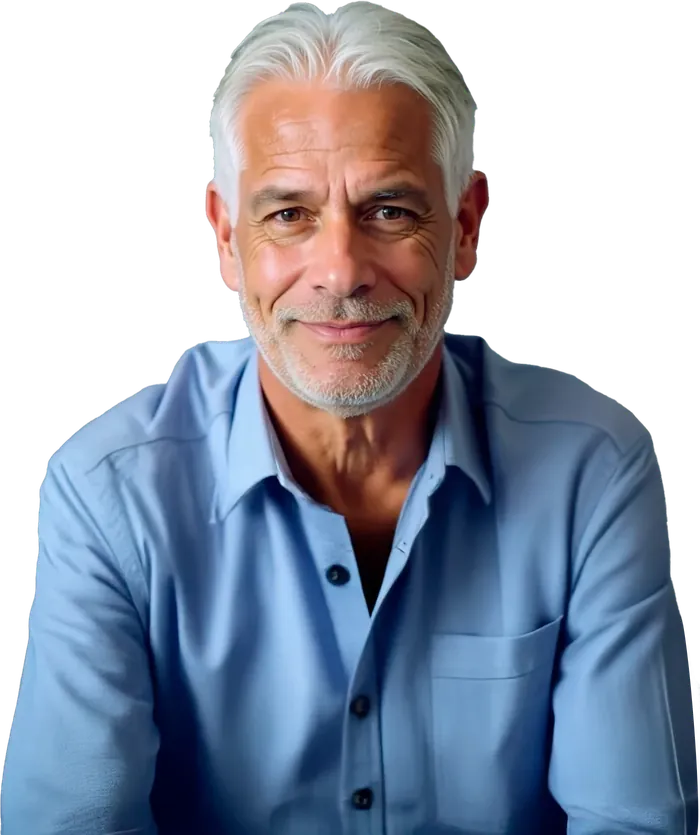 Grey-haired man in a blue shirt from the Sugarreset brand photo kit