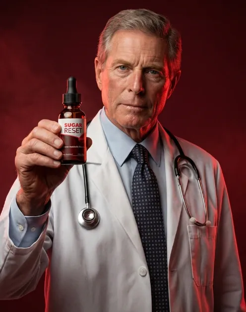 Man in a white coat holding a Sugarreset bottle