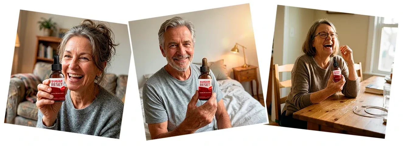 Three smiling adults holding Sugarreset bottles at home