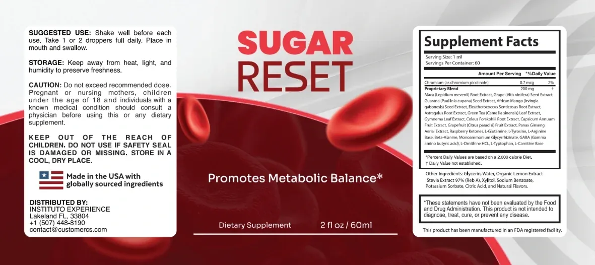 Sugarreset bottle label: suggested use, front panel and Supplement Facts panel